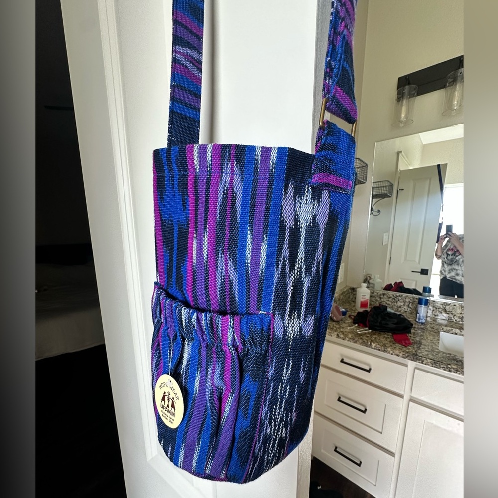 Handwoven Blue and Purple Stripe Crossbody Water Bottle Tote